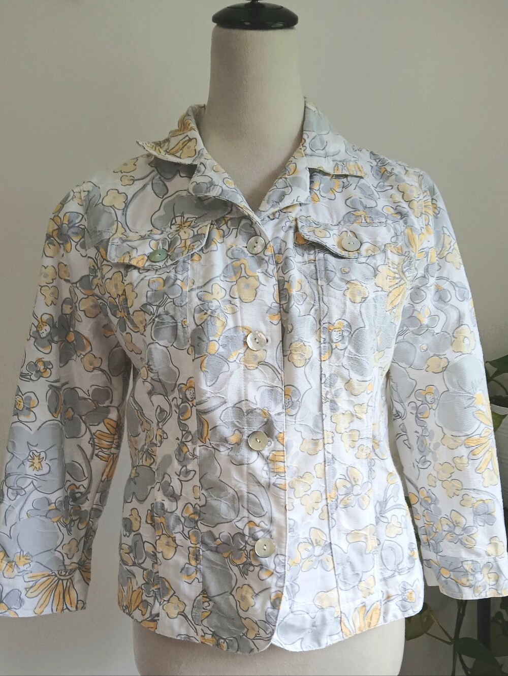 Ruby Rd.- Button-front-Shirt Jacket-Floral-Blue, White, Yellow